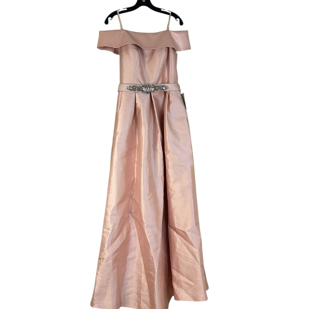 Eliza J Blush Pink Off-Shoulder Gown with Rhinestone Belt – Size 8 - Picture 6 of 13